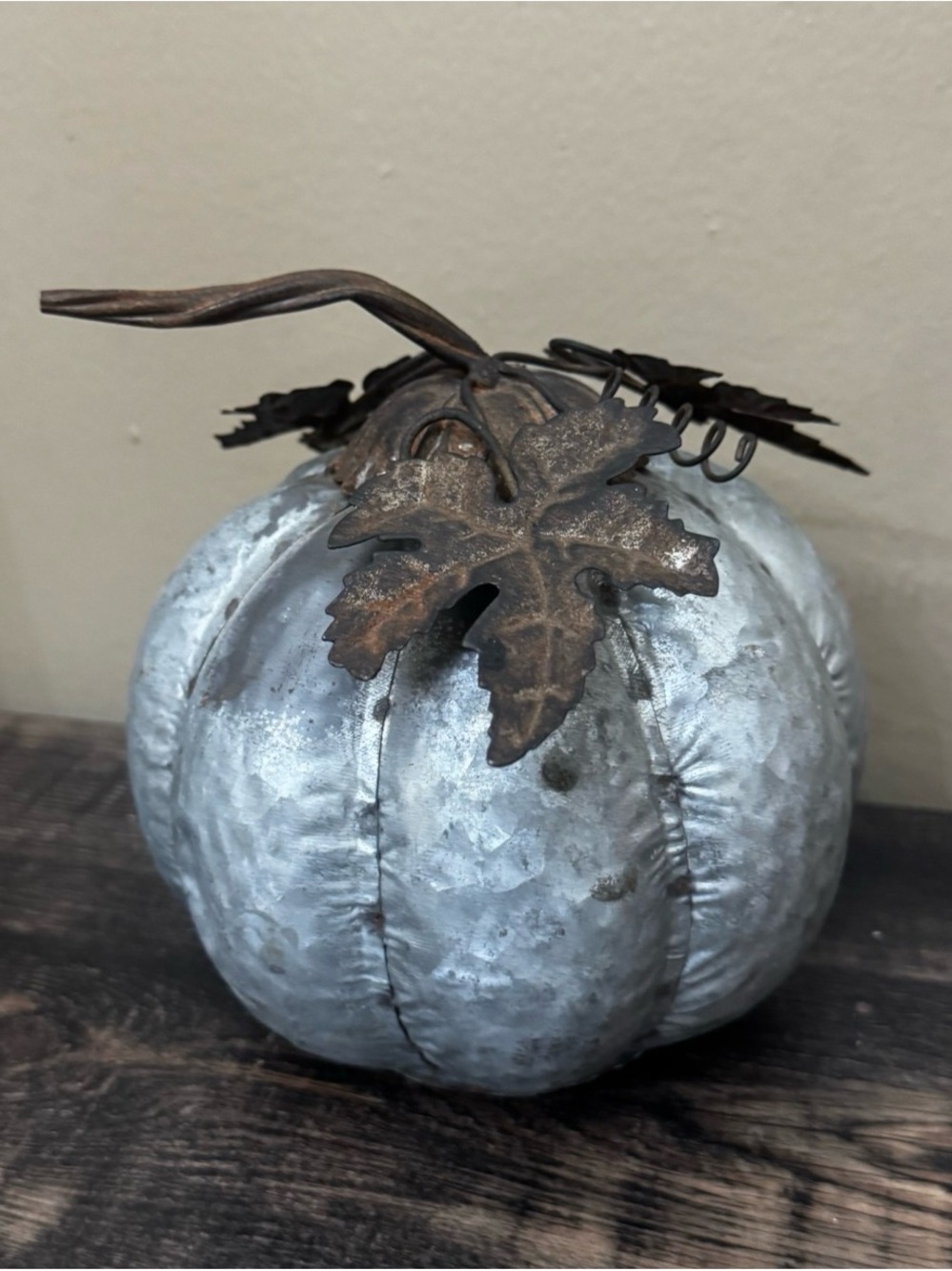 Galvanized Metal Pumpkin with Rustic Leaf Accent - Silver